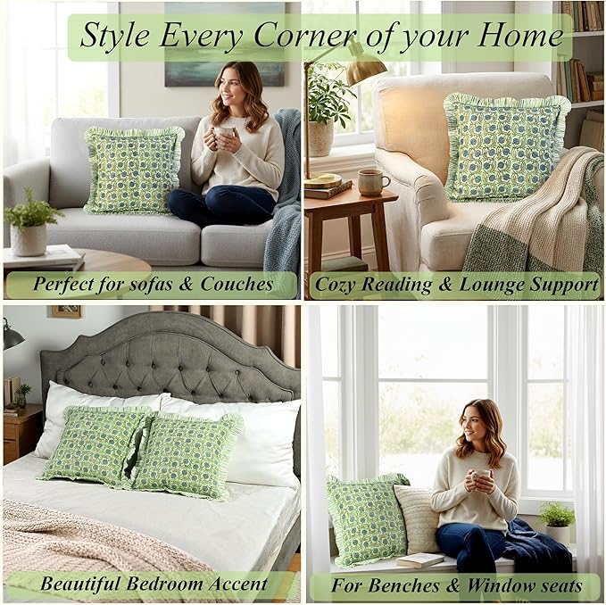 Ridhi Block Print Apple Green Floral Throw Pillow Cover 20" x 20" (Pack of 2) Decorative Cushion Covers with Ruffle for Couch, Sofa, Bed, Living Room, Home Decor Gift for Spring, Easter, Valentine