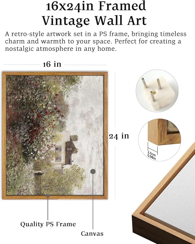 UPWOIGH Monet Inspired Garden Framed Wall Art, 16 x 24 Inch | Impressionist Rose Garden and Cottage Scene, Soft Vintage Tones, Warm Wood Frame for Living Room, Bedroom and Office