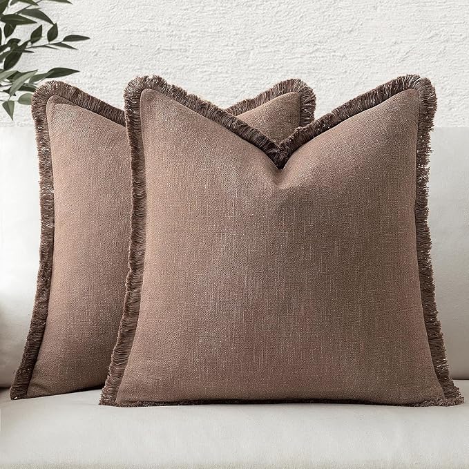 MIULEE Decorative Throw Pillow Covers Neutral Linen Fringe Throw Pillows Euro Shams Set of 2 Dark Coffee Boho Farmhouse Cushion Covers for Couch Sofa Bed Living Room Fall Home Decor 28x28 Inch