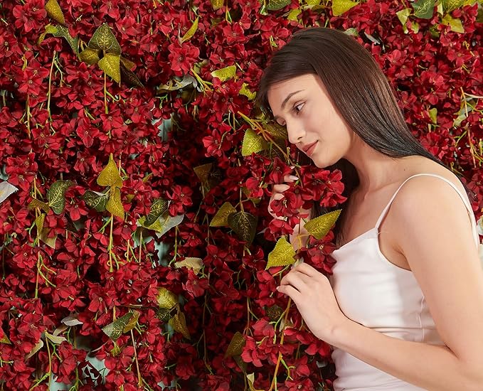 PONKING Flower Garland, Artificial Hydrangea Vine Flowers, Hanging Fake Hydrangeas Vine for Room Anniversary Wedding Birthday Christmas Wall Arch Decor, 2 Pcs, Floral Garland, Red Flower