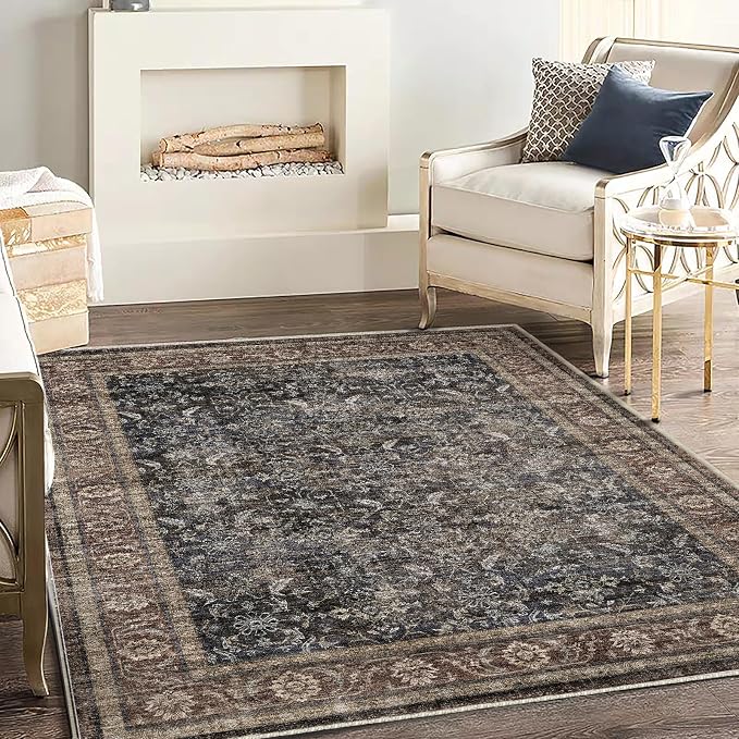 CHAMPLANT Washable Area Rug 4'x6' Vintage Traditional Floor Cover Foldable Thin Rugs Retro Kitchen Indoor Distressed Non Slip Carpet Floral Print Mat Bedroom Living Room