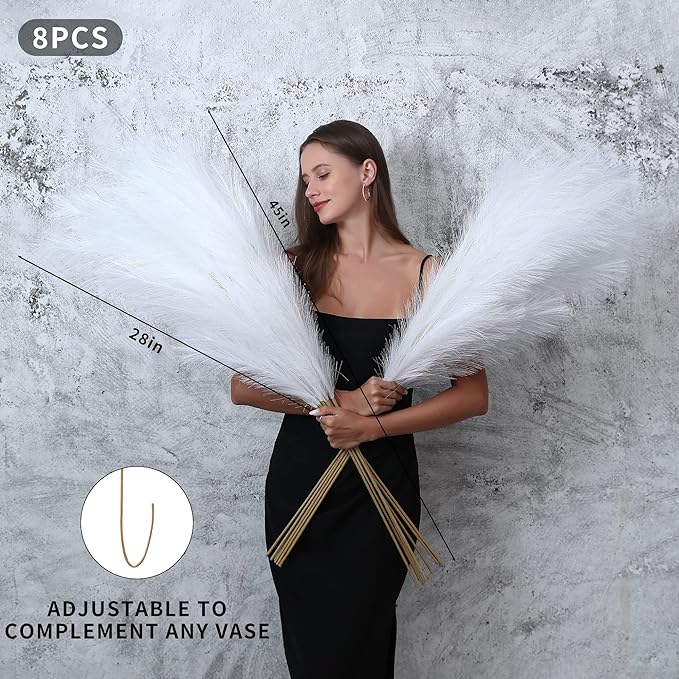 Wertuirk 8 Pcs 45 inch Tall Faux Pampas Grass Decor, Large Artificial White Pompous Grass Bulk, Long Fake Pompas for Floor Vase Filler, Wedding, Baby Shower, Home and Boho Decor (White)