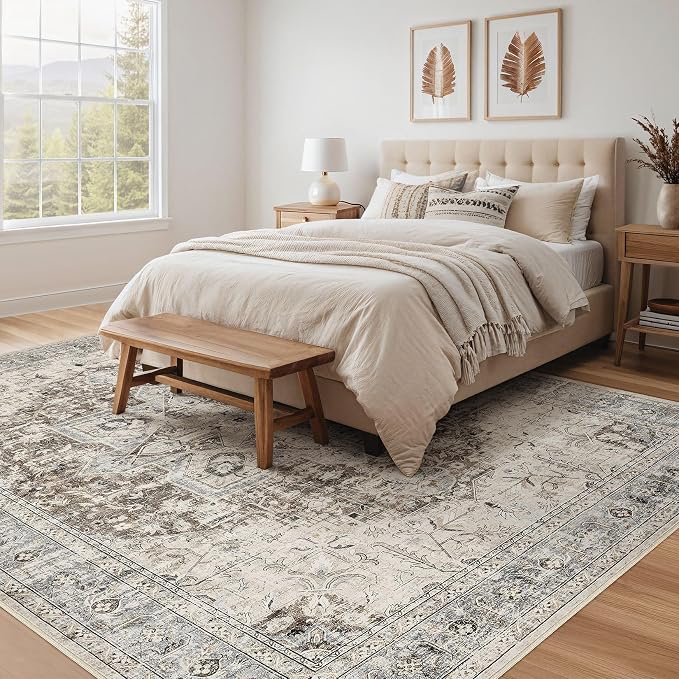 Tortania Area Rug Living Room Rugs - 6x9 Washable Boho Rug Vintage Oriental Distressed Farmhouse Large Thin Indoor Carpet for Living Room Bedroom Under Dining Table Home Office - Brown Blue