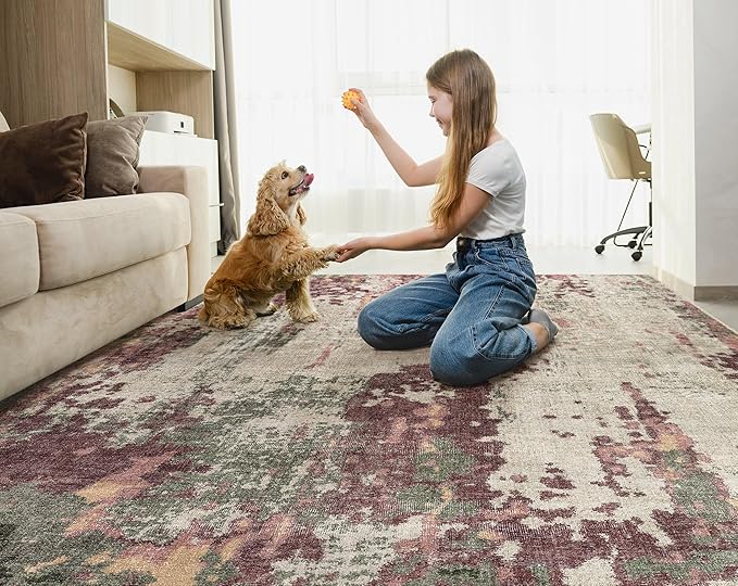 UERMEI 6x9 Area Rug Living Room Rugs - Washable Neutral Modern Abstract Soft Thin Rug Indoor Floor No Slip Rug Carpet for Bedroom Under Dining Table Home Office Decor - Purple/Green/Beige