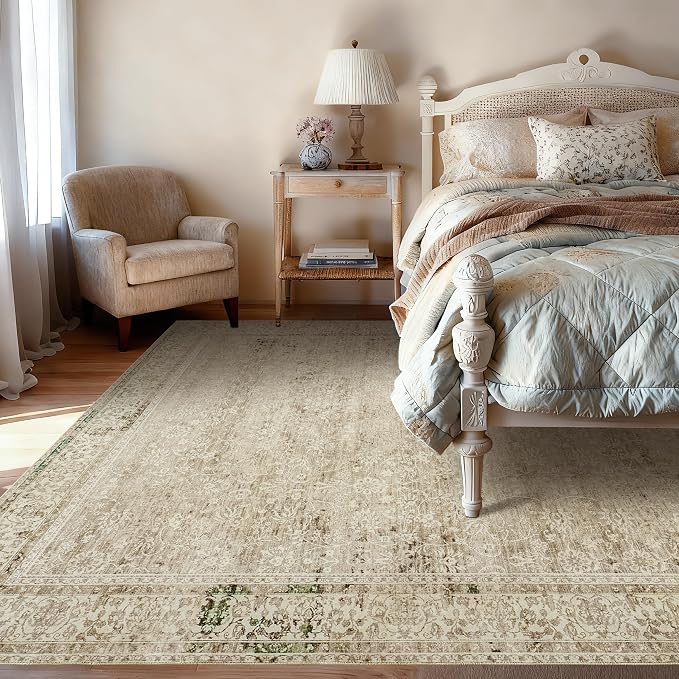 BILEEHOME Boho Cream Area Rugs 6x9 for Bedroom Washable Floral Neutral Modern Rug for Living Room,Light Beige and Tan Brown
