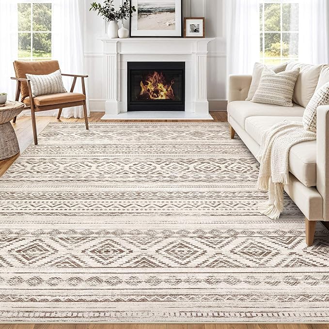 cotiled 7x9 Area Rug Living Room: Washable Boho Rugs with Non Slip Backing Large Soft Indoor Stain Resistant Carpet for Bedroom Farmhouse Dining Room Lightweight Home Decor Dark Brown