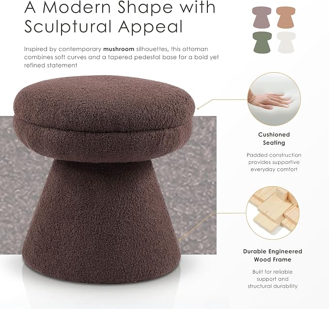 Furniture of America Rami Modern 18-inch Mushroom-Shape Upholstered Ottoman with Tapered Pedestal, Vanity Stool Chair, Small Foot Stool for Bedroom, Living Room, Entryway, Beige