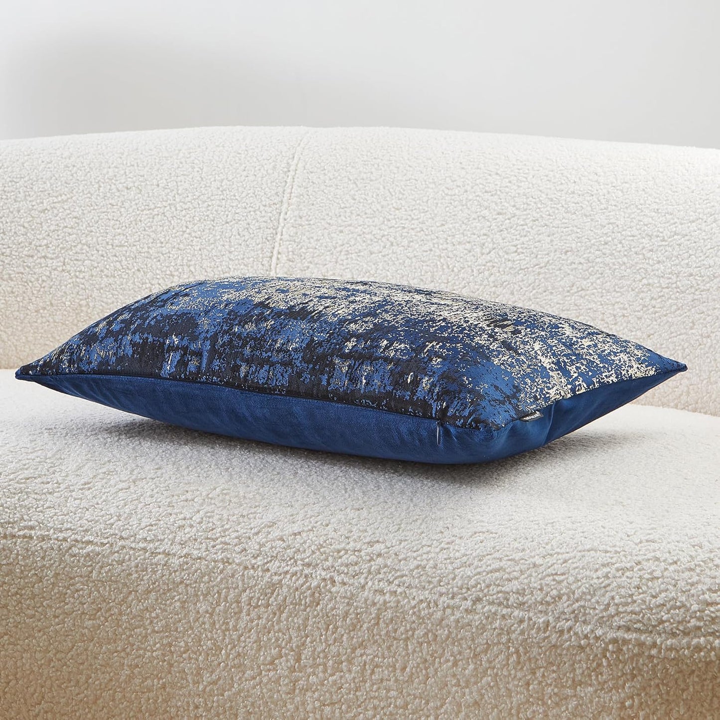 THE-TINOART Navy Gold Jacquard Pillow Cover 12x20 - Reversible Design with Gold Thread Embroidery, Luxury Velvet Back for Sofa & Bed Decor