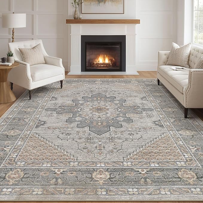 Tortania Area Rug Living Room Rugs - 8x10 Washable Boho Rug Vintage Oriental Distressed Farmhouse Large Thin Indoor Carpet for Living Room Bedroom Under Dining Table Home Office - Brown Gray