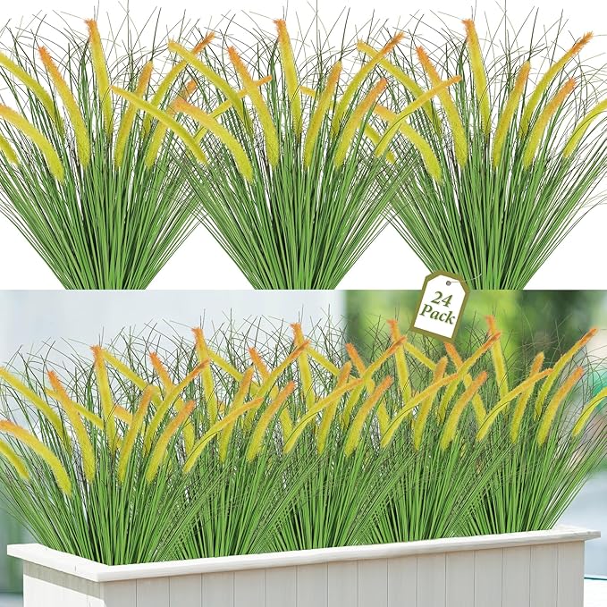 24PCS Artificial Yellow Dog Tail Grass Onion Grass UV Resistant Outdoors Faux Shrubs Ornamental Wheat Grass Cattails Faux Bushes Home Decor for Outdoor Garden