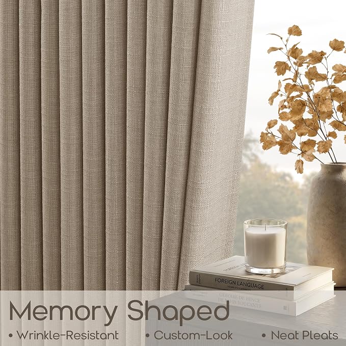 Burlywood Birch Extra Wide Pinch Pleat Curtains 102 Inches Long Memory Shaped Light Filtering Privacy Burlap Sliding Door Curtains with Rings Back Tab Large Window Drape for Living Room Bedroom 70x102