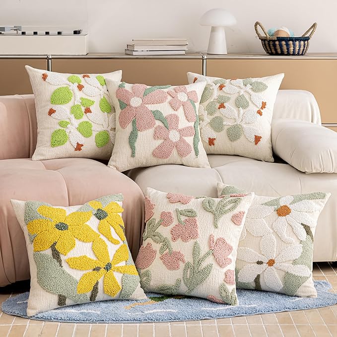 White Floral Embroidered Throw Pillow Covers 18" x 18" Set of 2, Farmhouse Flowers Green Leaves Tufted Patterned Cushion Cases for Couch Bed Living Room Decor