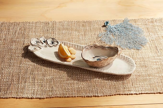 Mud Pie Oyster Tidbit And Tray Set; tray 4" x 14" | dip 2" x 5"