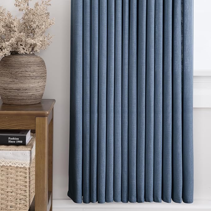 Pinch Pleated Navy Blue Linen Curtains 63 inch Length for Living Room 2 Panel Set Light Fitering Semi Sheer Navy Window Curtain Pinch Pleate with Hooks Farmhouse Bedroom Long Drapes 63