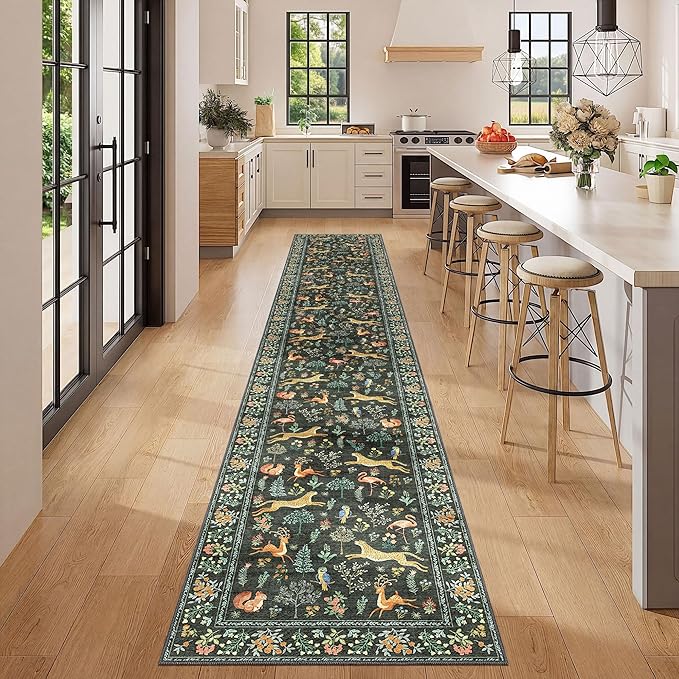 DUKINO 2x12 Washable Runner Rug, Ultra Soft Vintage Animal Runner Rug for Hallway, Lightweight Non Slip & Non Shedding Indoor Loog Carpet for Kitchen, Laundry Room, Bathroom, Bedroom, Entrance, Black