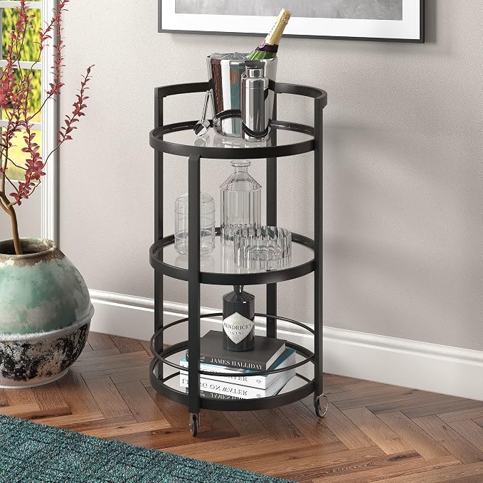 Henn&Hart 21" Modern Round 3-Tier Portable Bar Cart Home Bar Serving Cart for Home with Glass Shelves, Handle, and Caster Wheels for Dining Room, Living Room, or Kitchen, Black