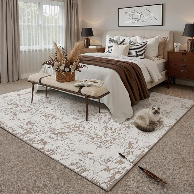 8x10 Fluffy Area Rug Brown Shag Neutral Carpet for Living Room Soft Medium Pile Floral Large Rug for Bedroom Dorm Office Dining Room Kitchen Nursery Modern Decor