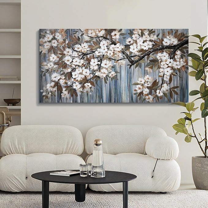 Large Canvas Wall Art for Living Room Wall Decor Abstract White Flower Tree with Gray Driftwood Picture Modern Framed Canvas Prints Artwork Ready to Hang for Bedroom Home Wall Decoration size 29x58