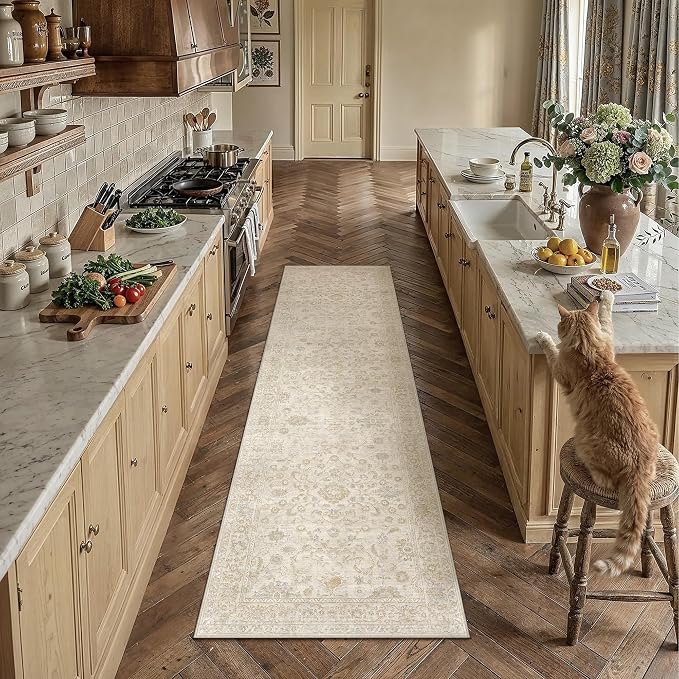 2.6x8 Beige Washable Runner Rug for Living Room Bedroom Neutral Soft Floral Non Slip Runner Rug Lightweight Vintage Low Pile Distressed Carpet Kitchen Hallway Bedroom Bathroom