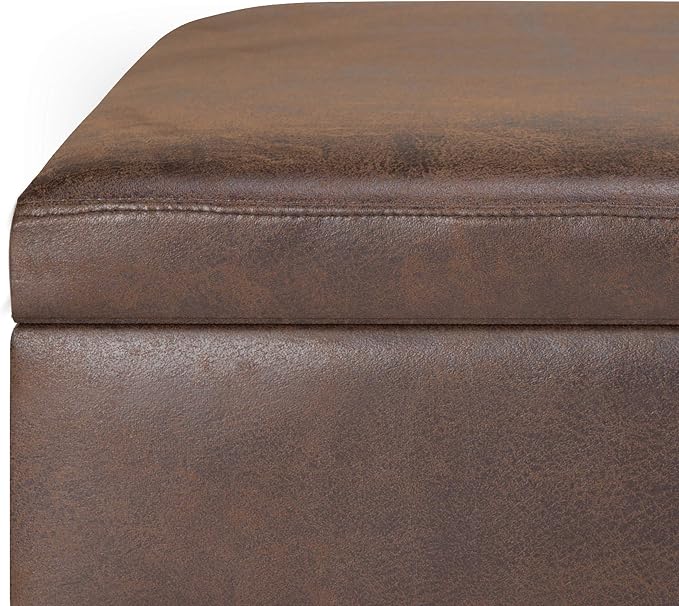 SIMPLIHOME Owen Small Rectangular Storage Ottoman - 36 inch Wide Upholstered Vegan Leather Lift-Top Ottoman in Distressed Chestnut Brown, Mid-Century Modern Ottoman for Living Room with Tufted Detail