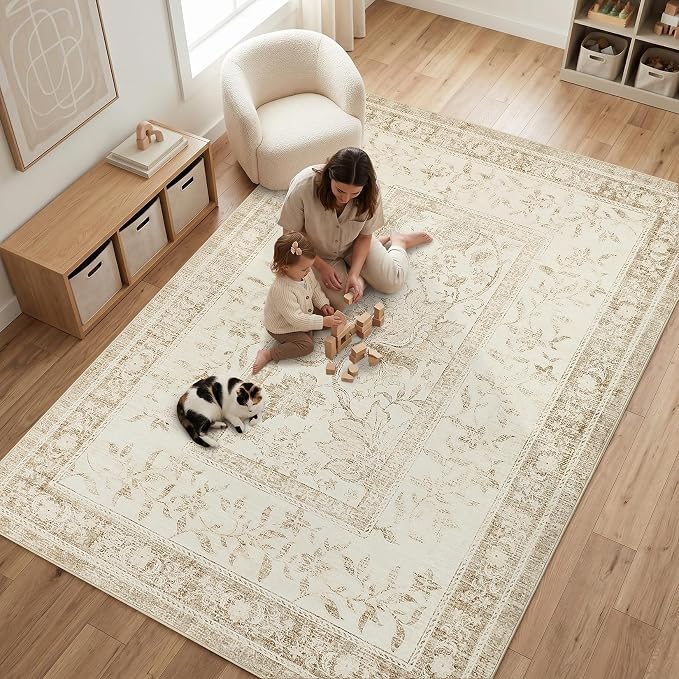 GarveeHome Vintage Beige Washable 4x6 Rug Cottage Core Retro Farmhouse Low-Pile Stain Resistant Non-Slip Rugs for Bedroom Living Room Entryway Nursery Kitchen TPE Backing