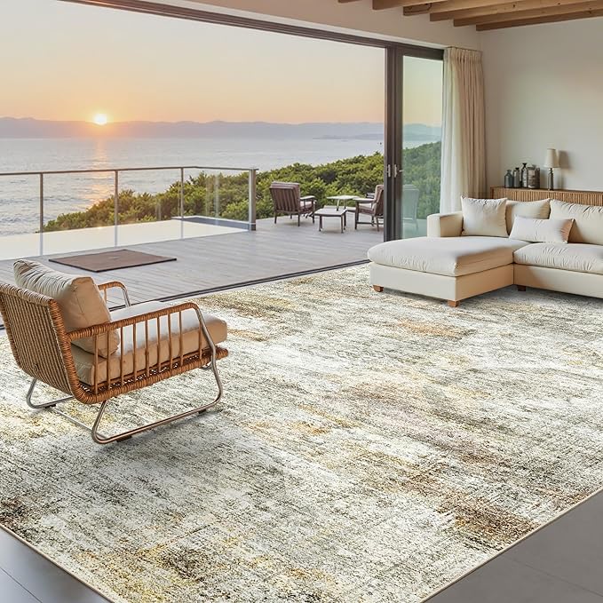 Soalmost 9x12 Area Rugs for Living Room, Non Slip Machine Washable Vintage Rugs, Low Pile Lightweight Large Rug for Bedroom, Dining Room, Home Office Gray Rust