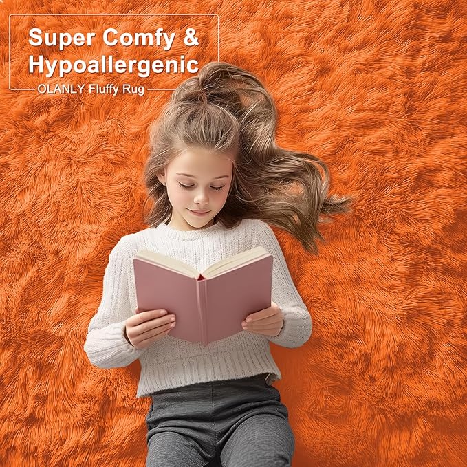 OLANLY 8x10 Machine Washable Large Area Rugs for Living Room, Bedroom, Soft Fluffy Shaggy Bedside Rug, Indoor Floor Carpet for Kids Girls and Boys, Dorms, Nursery, Home Decor Aesthetic, Orange