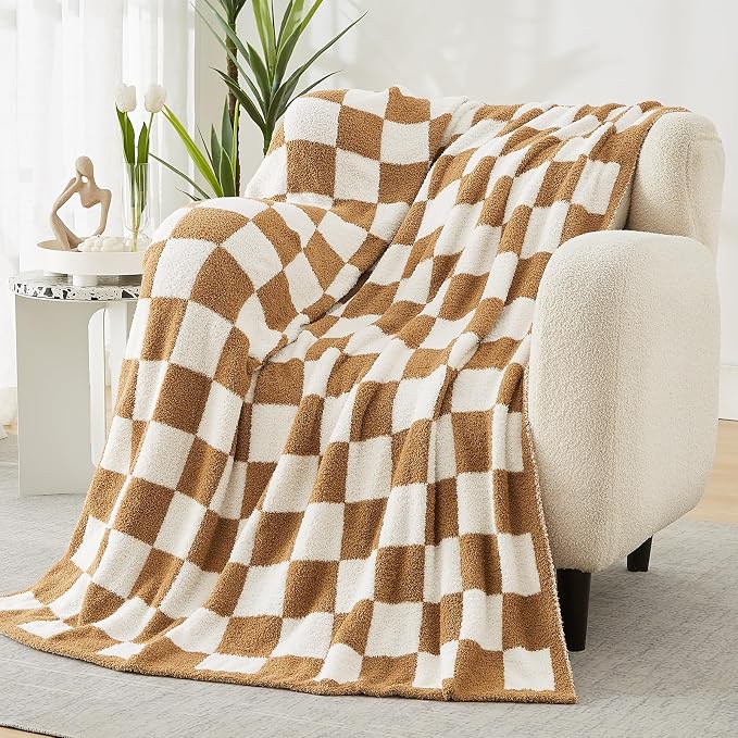 WRENSONGE Soft Twin Size Checkered Blanket for Bed-Cozy Knitted Blankets | Lightweight Fluffy Warm Decor for Women, Mom, Her & Girls, Sofa, Chair, Couch, 60x80in,Burnt Orange