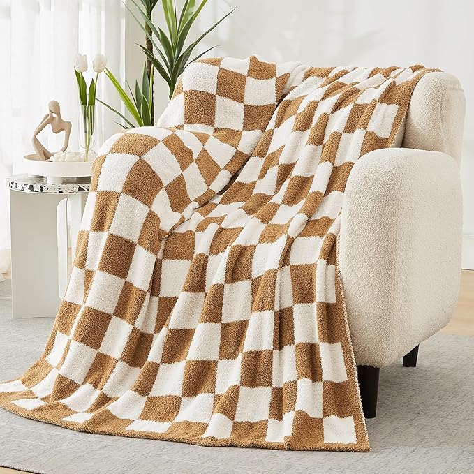 WRENSONGE Soft Checkered Throw Blanket for Couch-Cozy Warm Knitted Blankets | Lightweight Warm Fluffy Decor for Women, Mom, Her & Girls, Sofa, Chair, Bed, 50x70in, Burnt Orange