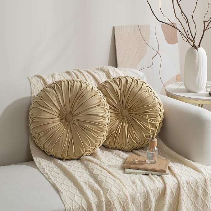 HIG Set of 2 Decorative Round Pleated Throw Pillows,Classy Accent Pumpkin Throw Pillows with Center Button,Vintage Velvet Floor Pillows for Sofa Vanity Chair Bed,Apricot,14.5" Diameter(Ripple)