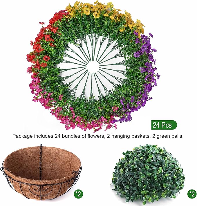 HyeFlora 2 Set Artificial Outdoor Flowers Hanging Basket, Faux Hanging Plants for Outside Spring Decoration, Fake Silk UV Resistant Look Real Daisy for Porch Patio Home Decor
