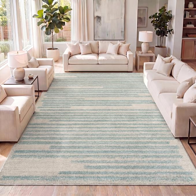 JONATHAN Y Khalil Modern Berber Stripe Cream/Turquoise Indoor Area Rug, 3x5, Contemporary, Bohemian, Easy-Cleaning for Living Room, Bedroom, Kitchen, Pet Friendly, Non-Shedding (MOH207B-3)