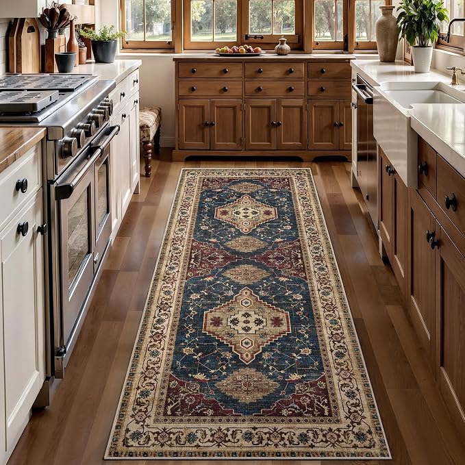Tangsoo Vintage 2x6 Washable Runner Rug for Hallways, Non Slip Hallway Rugs, Oriental Soft Low Pile Long Rug Carpet Runners for Kitchen Bedroom Entryway Bathroom Living Room Home Decor Dark Blue Beige