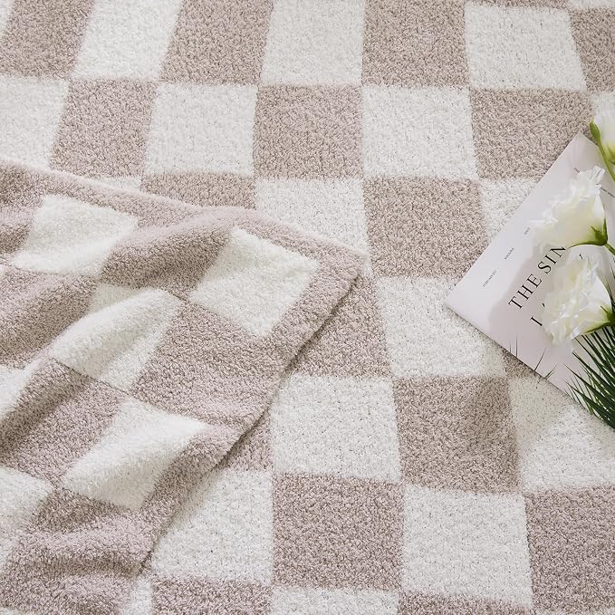 WRENSONGE Soft Checkered Throw Blanket for Couch-Cozy Warm Knitted Blankets | Lightweight Warm Fluffy Decor for Women, Mom, Her & Girls, Sofa, Chair, Bed, 50x70in, Taupe