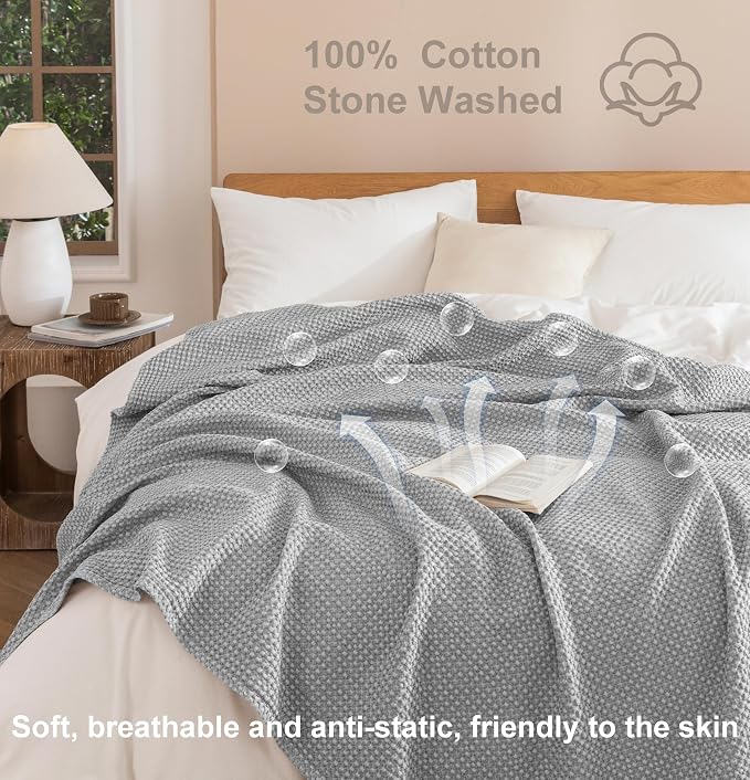 Talasily 100% Cotton Blanket Twin XL Size for Bed - Spring and Summer Cooling Lightweight & Breathable Bedding -Soft Waffle Weave Christmas Blanket, Machine Washable,Gray,66x90 Inches