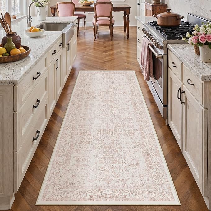 PureCozy Pink Runner Rug 2x5 Hallway Machine Washable Kitchen Vintage Distressed Non Slip Long Carpet Indoor Retro Floral Bedroom Accent Throw Rug for Bathroom Office Laundry Dining Room