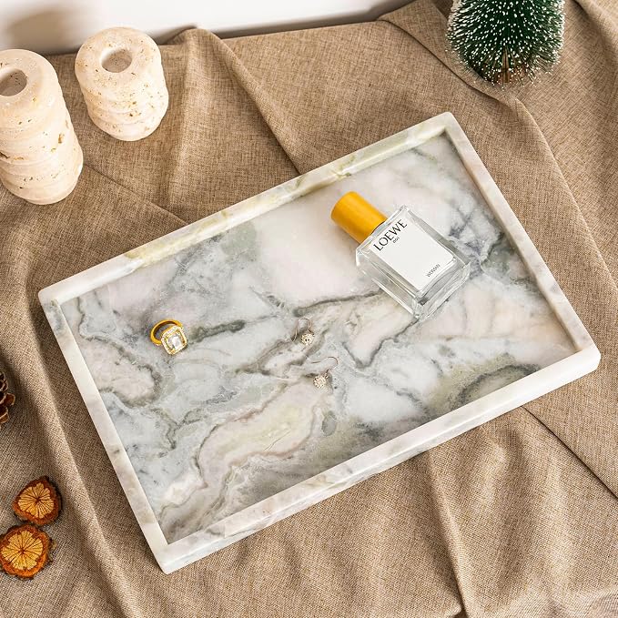 Koville Natural Marble Tray, 12x8“ Coffee Table Vanity/Decorative Tray for Jewerly, Watch, Perfume Candle Storage for Bedroom/Bathroom/Kitchen Countertop