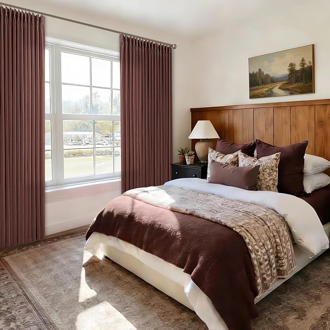 Chestnut Brown Pinch Pleated Linen Curtains 84 Inches Length Light Filtering Back Tab Red Brick Pleat Curtain for Living Room Bedroom 84 Inch Long 2 Panels Memory Trained Window Drapes with Rings