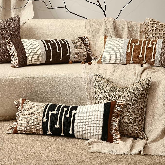 Decorative Lumbar Pillow Cover 12x28, Handwoven Boho Long Body Pillow for Bed Farmhouse Lumbar Throw Pillow, Cotton Linen Tassel Cushion Case for Sofa, Living Room, Bedroom(Light Brown)