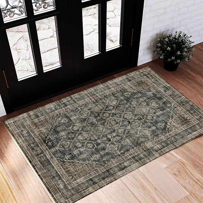 CHAMPLANT Washable Area Rug 2'x3' Door Mat Vintage Distressed Doormat Indoor Entrance Traditional Thin Rug Floral Print Non Slip Carpet for Kitchen Bathroom Bedroom Living Room