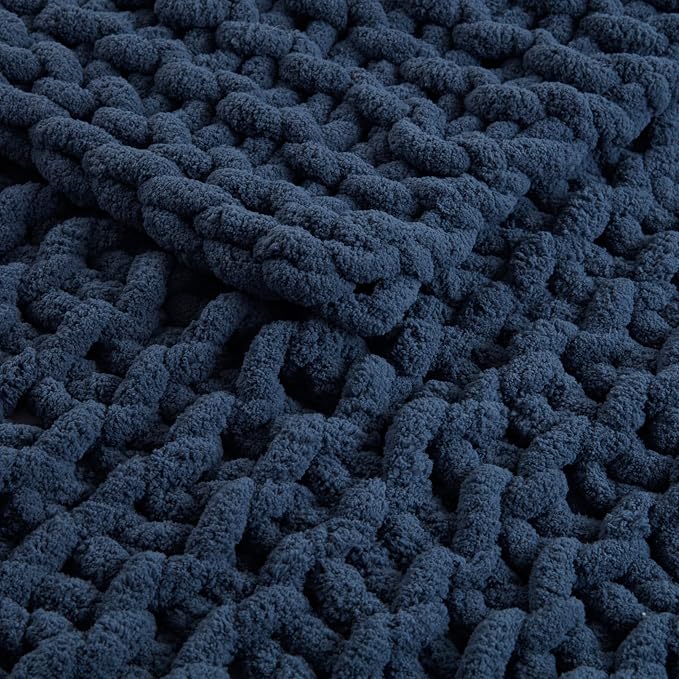 Madison Park Chenille Chunky Knit Handmade Throw Blanket, Luxuriously Soft Gift Blankets, Cottage Style Room Décor, Lightweight & Breathable All Seasons Throw Blanket for Couch, 50"W x 60"L Navy Blue