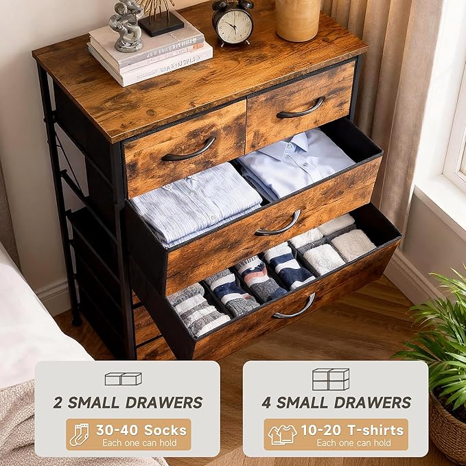 Mifuro Tall Dresser for Bedroom, Vertical Storage Organizer Tower with 6 Drawers, Chest of Drawers with Fabric Bins, Steel Frame, Wood Top for Bedroom, Closet, Entryway- Rustic Brown