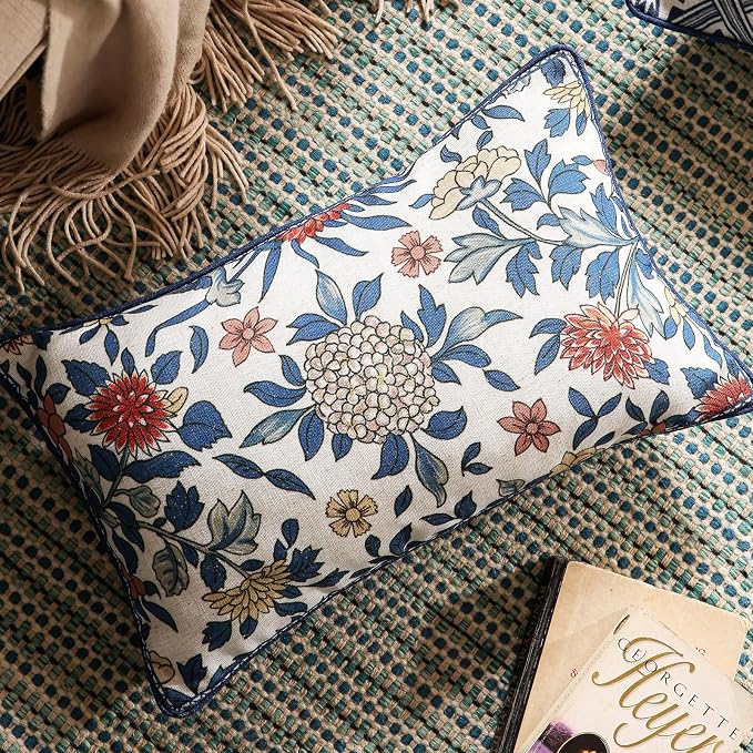 patdrea Designer French Vintage Linen Throw Pillow Cover,12"x20"-Ivar A | Decorative Pillow Cover,Blue and White Floral Pattern,Pillow Case for Couch Living Room Bedroom Sofa Outdoor
