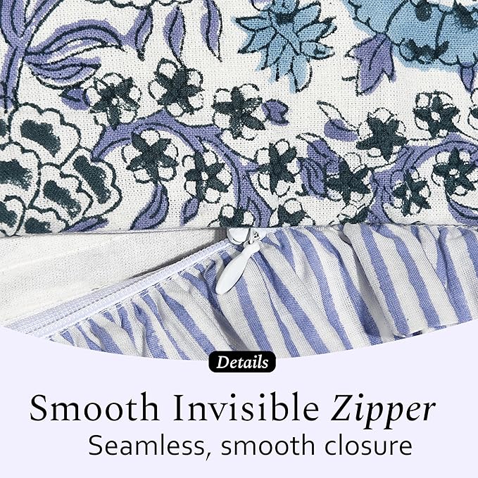 CPC Indigo Blue Ruffle Throw Pillow Covers for Couch, 20x20 Inch Cotton Stripe Ruffle Couch Pillows for Living Room, Hidden 16 Inch Zipper Boho Pillow Case or Cute Outdoor Pillows
