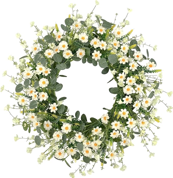 Pinkpum 22 Inch Artificial Daisy Flower Wreath with Eucalyptus Leave Silk Flower White Berries Spring Summer Wreath for Front Door Wall Decor
