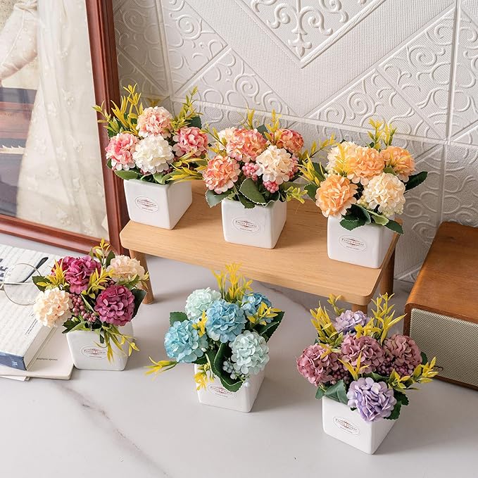 6Pcs Artificial Flowers with Ceramic Pot Small Fake Hydrangea Flowers Arrangements Faux Spring Flowers in Vase Home Spring Decor, Centerpiece Table Decorations for Farmhouse Office Shelf Dining Table
