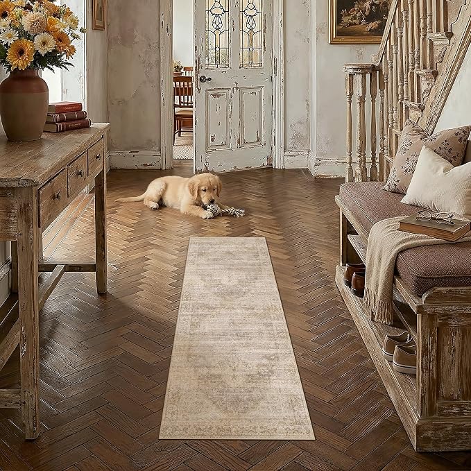 2x6 Washable Neutral Runner Rug Beige Vintage Hallway Kitchen Carpet Non-Slip Soft Low Pile Oriental Throw Rug for Bedroom Bathroom Laundry Living Room