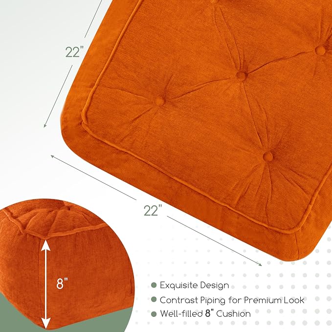 8" Extra Thick Floor Pillow Cushion for Adults, Meditation Cushion Pillow with Handle, Lustrous Chenille Tufted, Square Floor Sitting for Tatami Living Room or Yoga, 22x22 Inch, 2Pack, Orange
