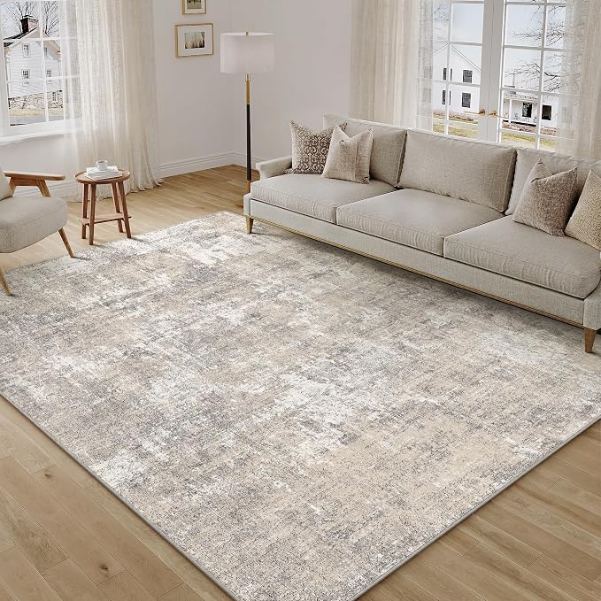PureCozy Machine Washable Area Rug 5x7 Beige Gray Large Living Room Indoor Accent Rug Neutral Modern Abstract Low Pile Carpet Non Slip Distressed Throw Rug Bedroom Office Dining Room Kitchen Laundry