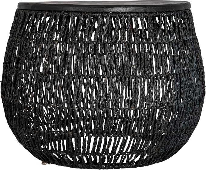 Bloomingville Hand-Woven Seagrass and Pine Wood Round Side Table, Black